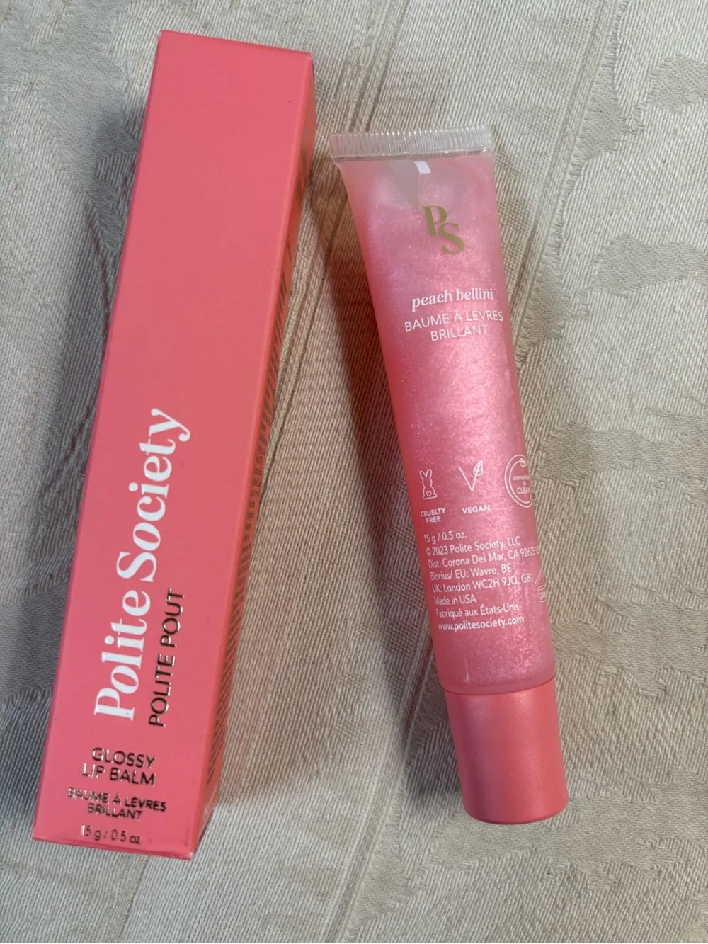 Polite Society Polite Pout Tinted Lip Balm Lipgloss in Peach Bellini BNIB